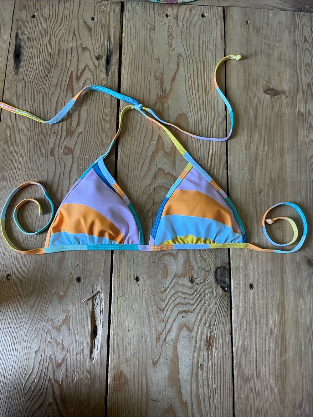 Striped Triangle Bikini Top in Pastel Blue, Orange & Lavender